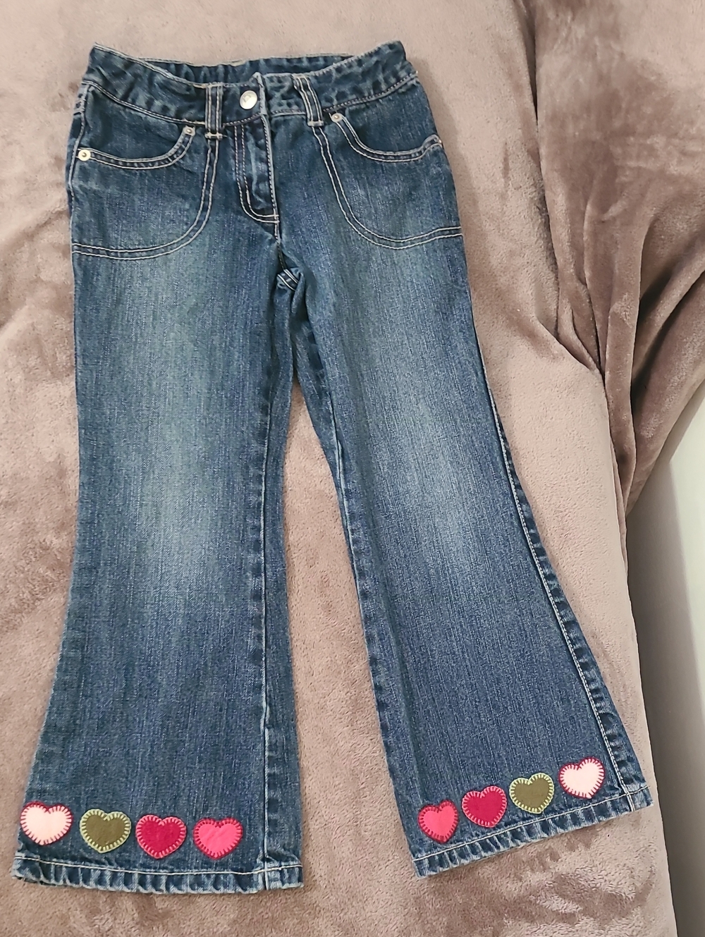 Gymboree Adjustable Girls Snap On Dark Blue Flare Jeans with Heart Appliqués
